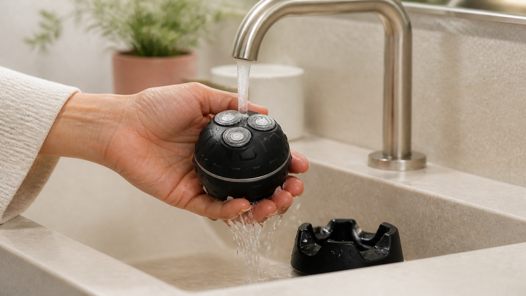 Black ORBÉ groomer being rinsed clean under a faucet